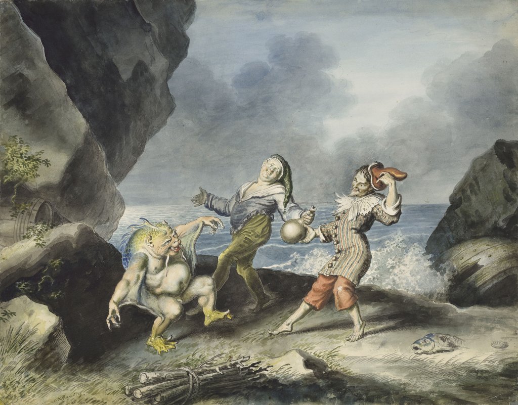 The Tempest, Act II Scene 2, Caliban, Stephano and Trinculo dance on the seashore. Artist: Johann Heinrich Ramberg