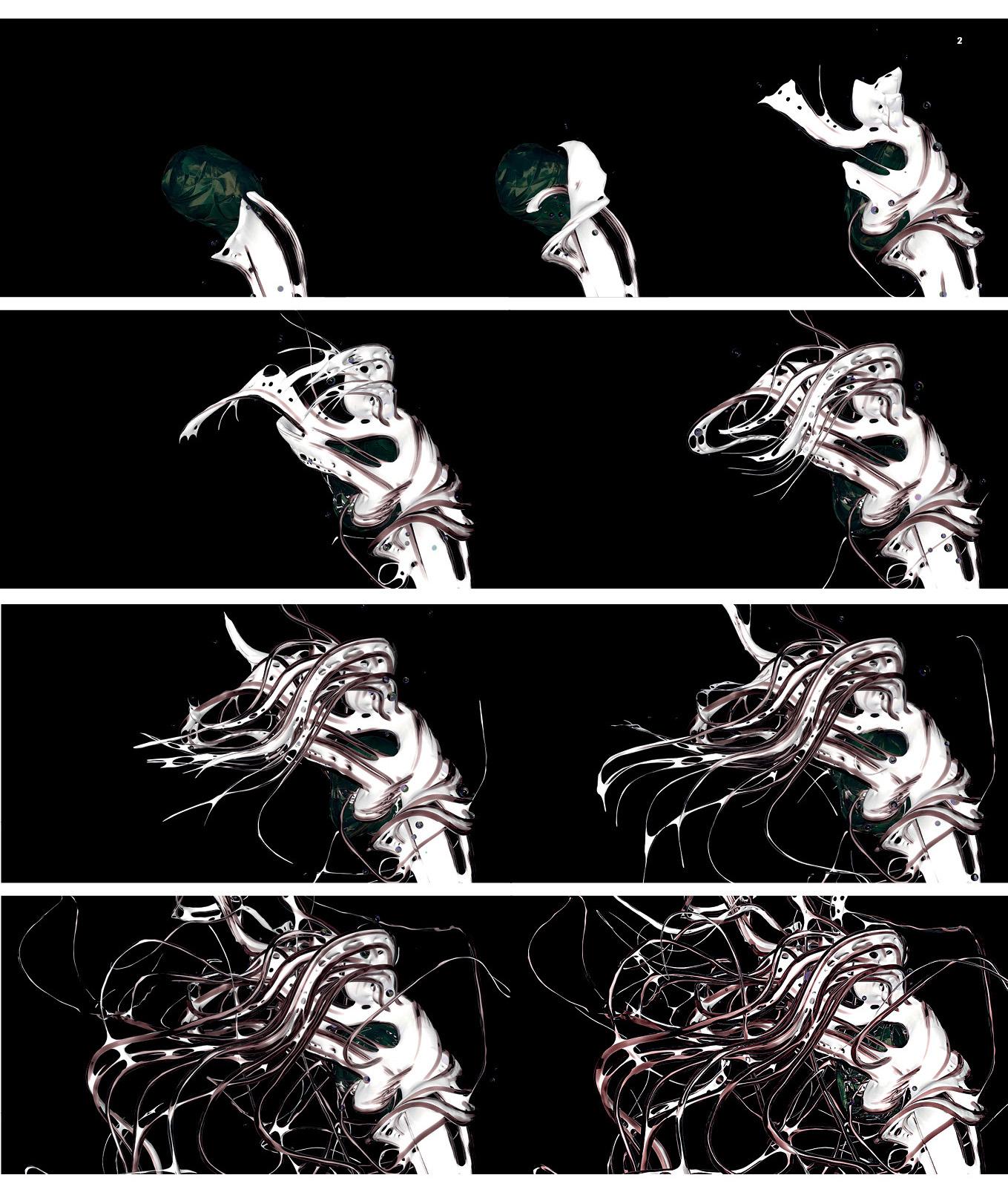 Atracție electrostatică; Simulare 4D aratând alipirea e-miceliului la o particulă de micro-plastic și eliberarea enzimei catabolice.