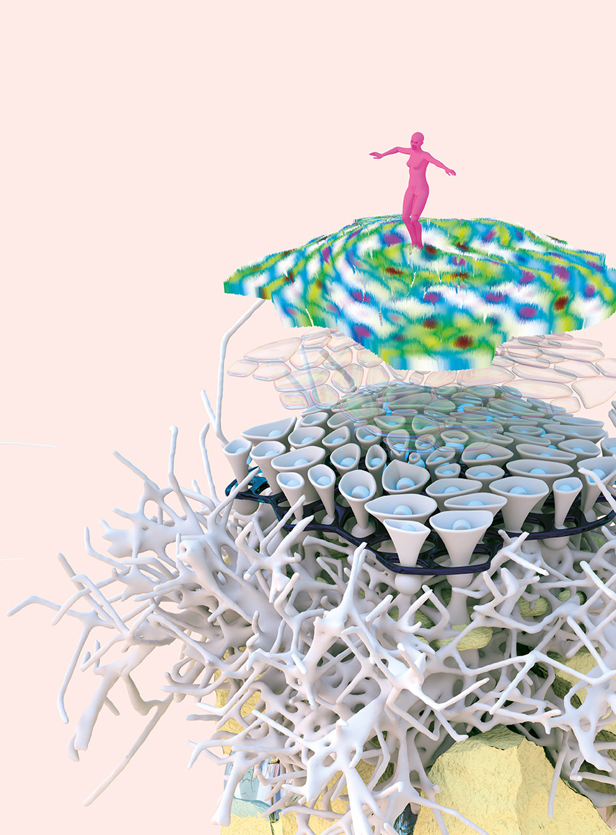 E-plimbări / Suprafețele de călcare ce apar în E-topia formează legături cu mediile-gazdă prin rețelele subterane de transmitere a informațiilor și resurselor, întrun mod similar rețelelor de miceliu. În același timp, aceste elemente devin o interfață de comunicare între corpul uman și sistemul arhitectural prin intermediul senzorilor de presiune ce determină și ghidează diferite efecte de culoare în prezența omului.