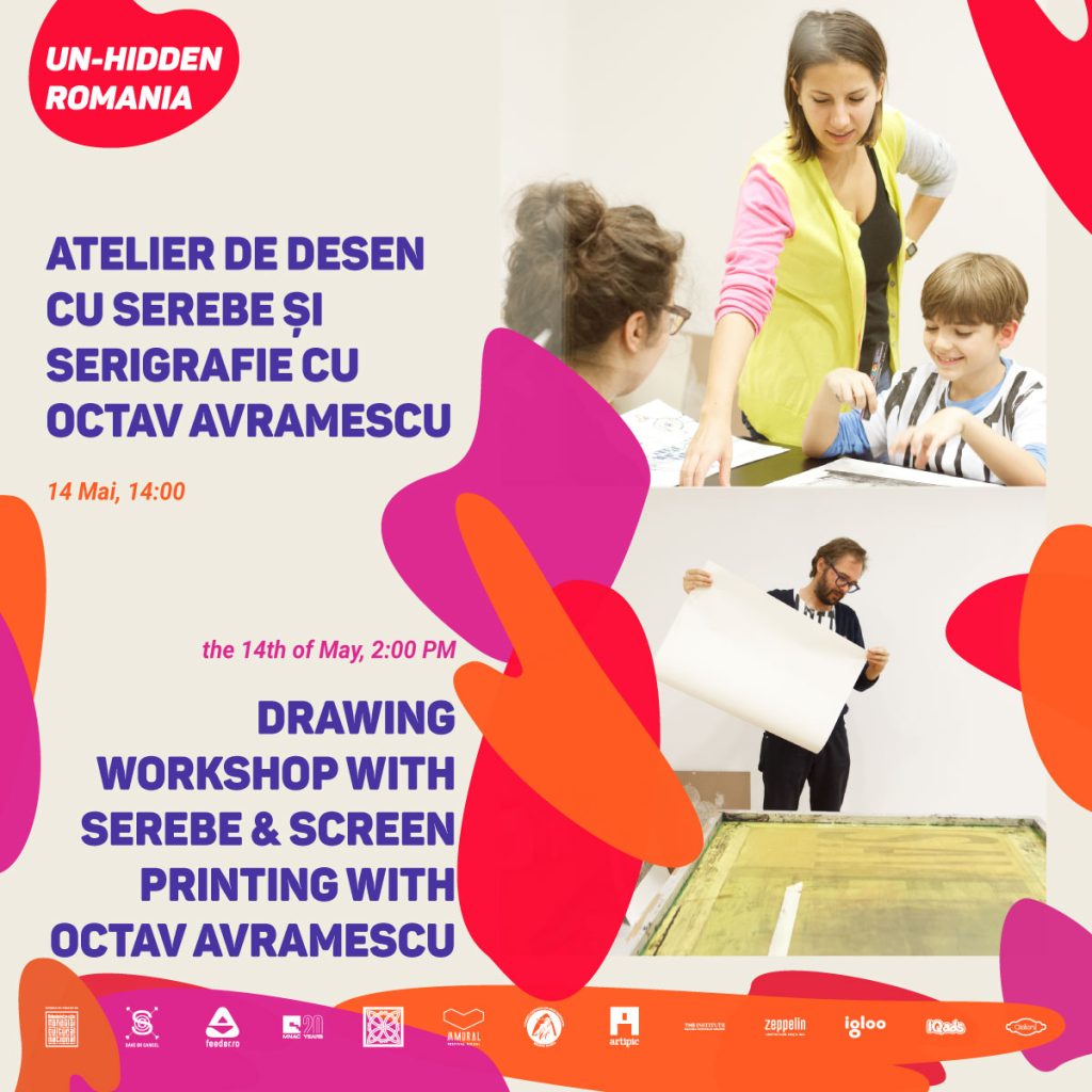 Atelier Un-hidden Romania cu Serebe (desen) și Octav Avramescu (serigrafie)