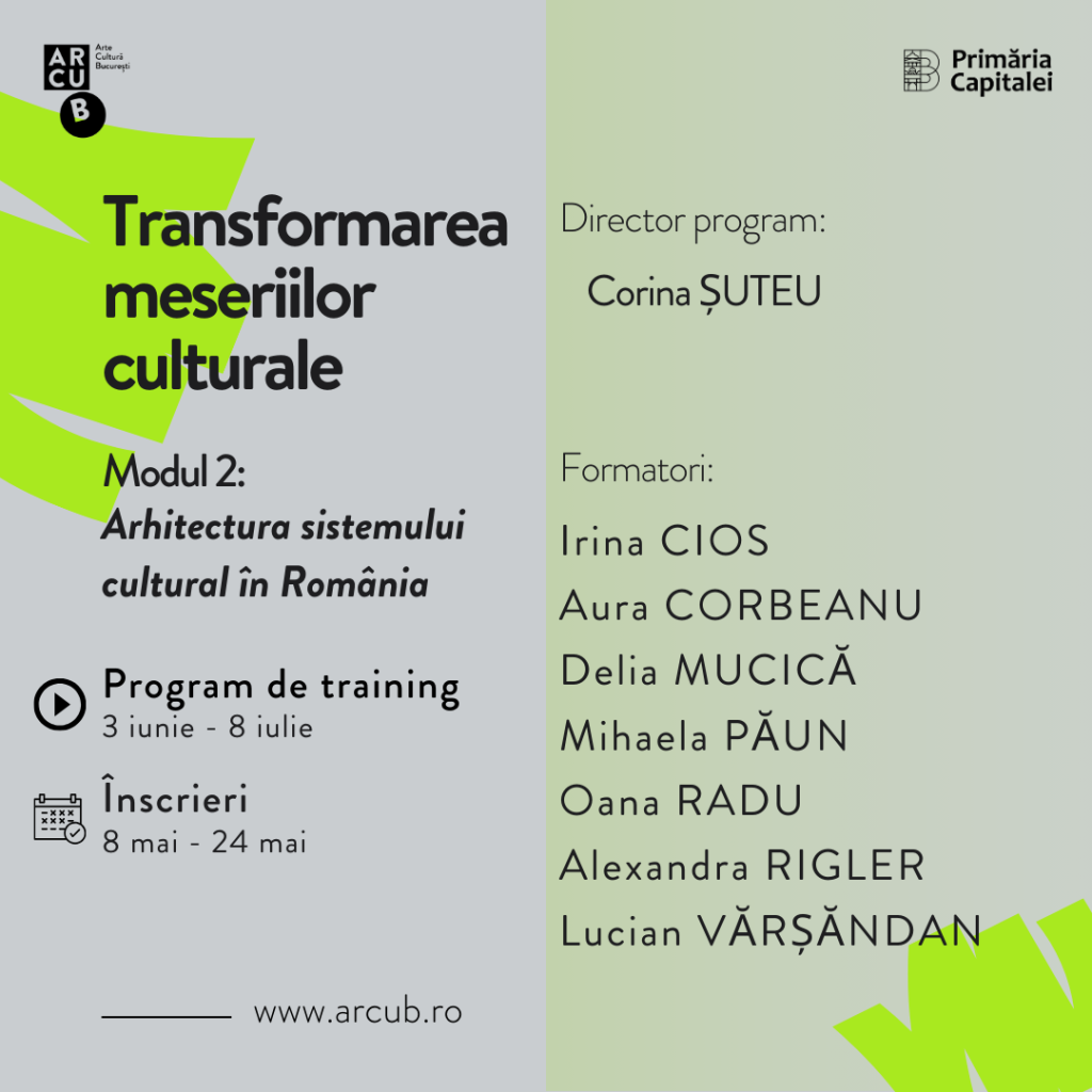 Începe selecția pentru modulul „Arhitectura sistemului cultural din România” al programului de training „Transformarea meseriilor culturale”